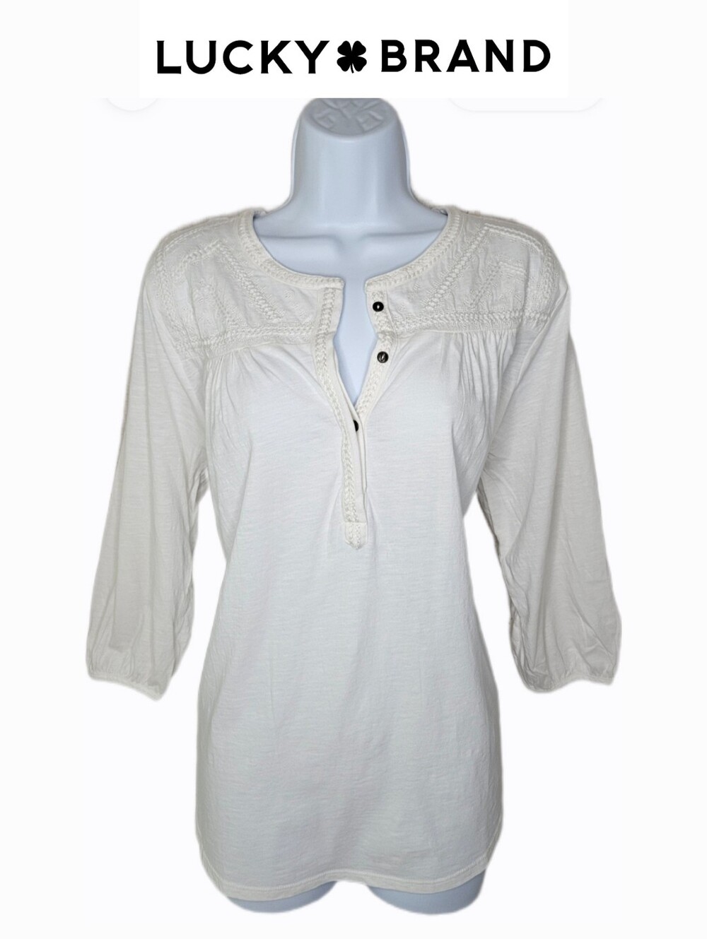NWT Lucky Brand Women's Boho Embroidered 3/4 Sleeve Button Top Marshmallow White